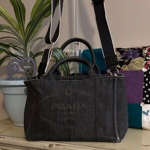 Prada Black Striped Canvas Tote